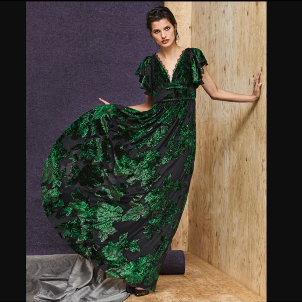 Marchesa Notte V-neck Velvet Burnout Lace Metallic Floral Maxi Dress Gown sz 6